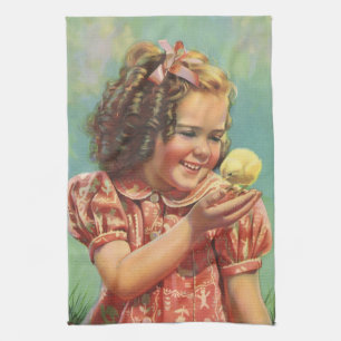 Linge De Cuisine Fille Vintage avec poussin, enfant heureux sourian