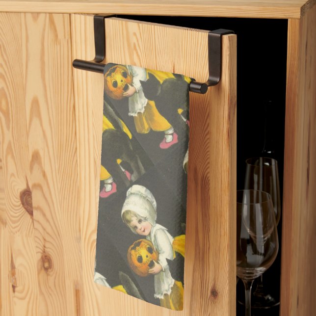 Linge De Cuisine Filles Citrouille Chat Halloween Vintage (Pliage en tiers)