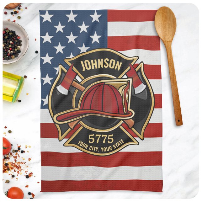 Linge De Cuisine Firefighter Fire Rescue Department USA Flag Custom (Créateur téléchargé)