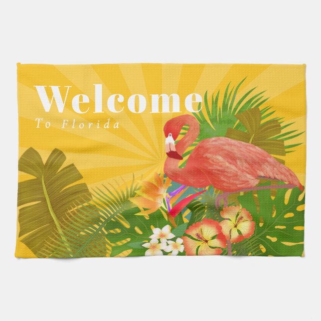 Linge De Cuisine Flamant Floride Bienvenue Jaune Orange (Horizontal)