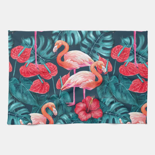 Linge De Cuisine Flamant rose et aquarelle du jardin tropical (Horizontal)