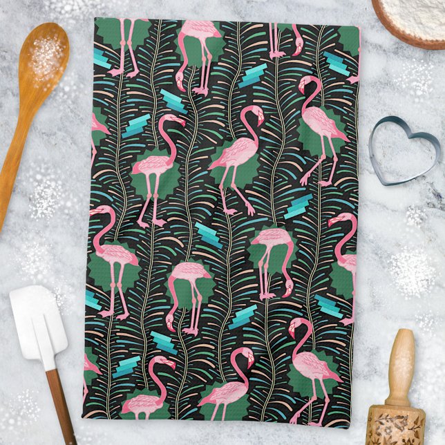 Linge De Cuisine Flamant rose Oiseaux 20s Déco Ferns Motif Black Gr (Créateur téléchargé)