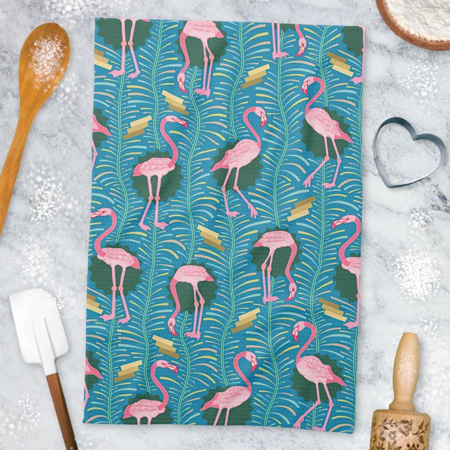 Linge De Cuisine Flamant rose Oiseaux 20s Déco Ferns Motif Blue Gol (Créateur téléchargé)