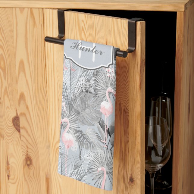 Linge De Cuisine Flamant rose Orchidée Tropical Motif Grey ID868 (Pliage en tiers)