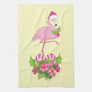 Linge De Cuisine Flamant rose rose à Santa Hat Noël Whimsical
