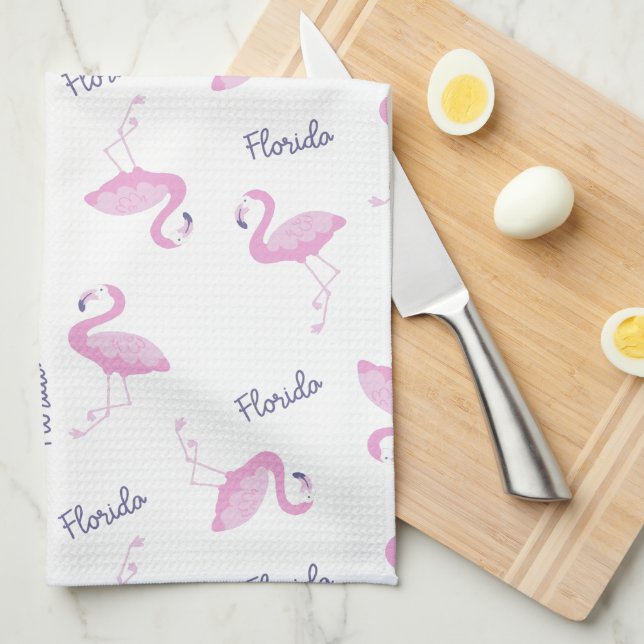 Linge De Cuisine Flamant rose Rose Avec Floride Violette (Quart Plié)