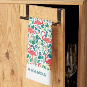 Linge De Cuisine Flamant rose tropical et motif de feuilles tropica