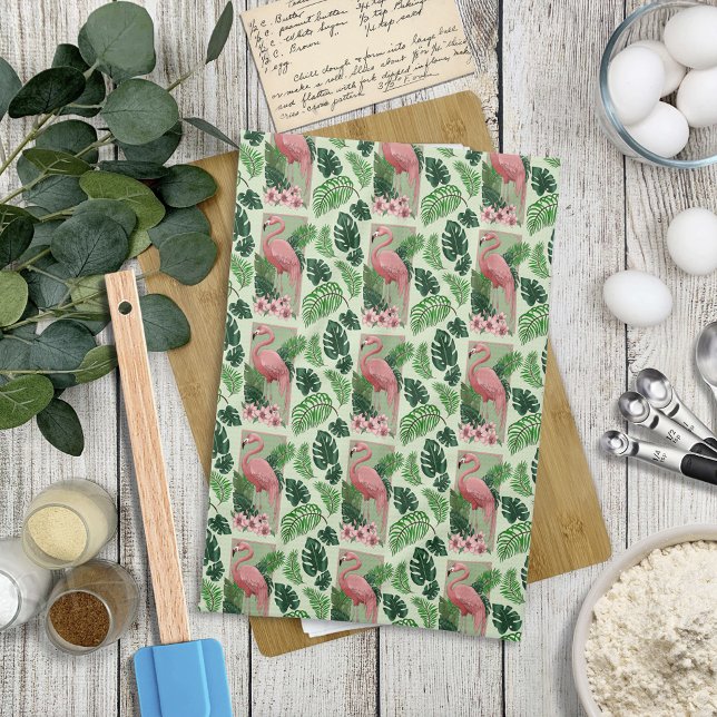 Linge De Cuisine Flamant Rose Tropical Feuilles de Palmier Vert Lys (Créateur téléchargé)