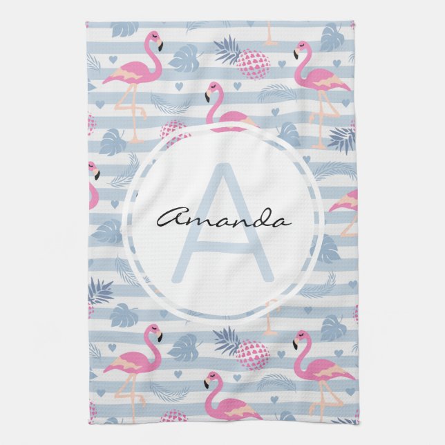 Linge De Cuisine Flamant rose Whimsical et ananas Motif Monogramme (Vertical)