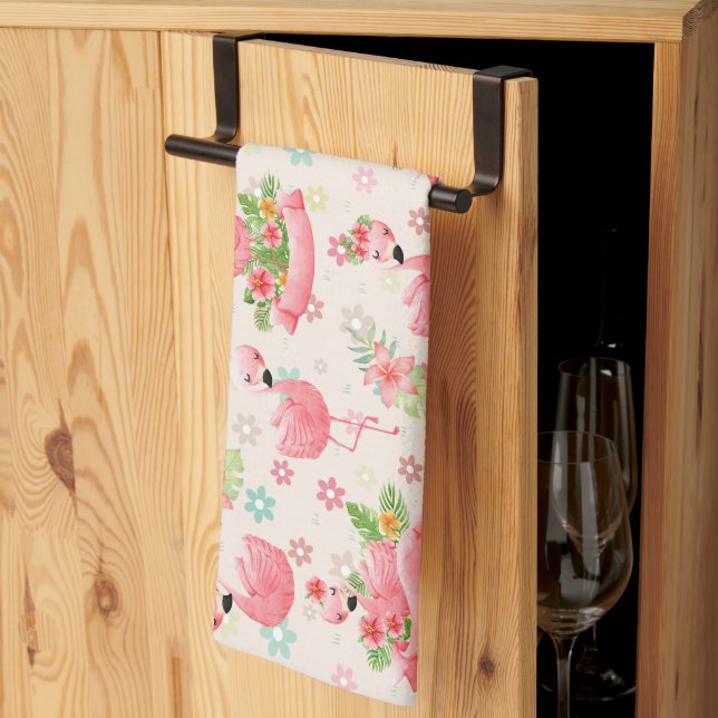Linge De Cuisine Flamants mignons et fleurs tropicales (Pliage en tiers)