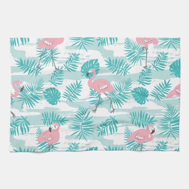 Linge De Cuisine flamants roses, feuilles de palmiers verts, tropic (Horizontal)