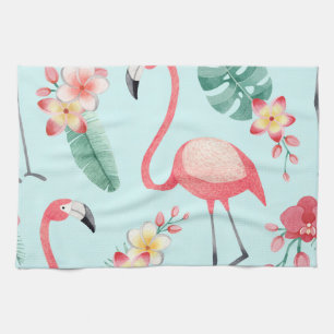 Linge De Cuisine Flamants roses Fleurs tropicales Motif aquarelle