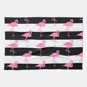 Linge De Cuisine Flamants roses roses sur les rayures noires et bla