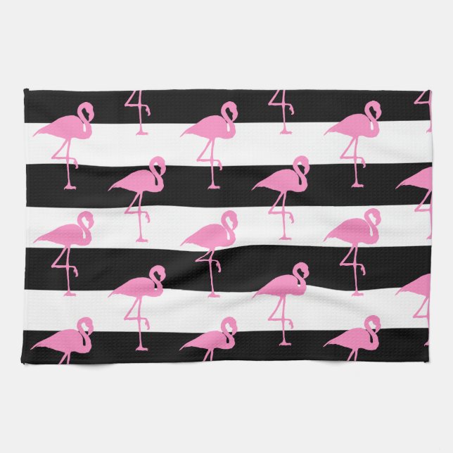 Linge De Cuisine Flamants roses roses sur les rayures noires et bla (Horizontal)