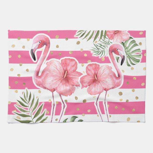 Linge De Cuisine Flamants roses roses tropicaux Pois d'or fleuri (Horizontal)