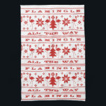 Linge De Cuisine Flamingle tout le chemin Chandail de Noël Rouge<br><div class="desc">Le pull de Noël rouge a inspiré le motif avec des illustrations de flamants roses,  arbres de Noël et flocons de neige. Le texte dit,  "Flamingle tout le chemin."</div>