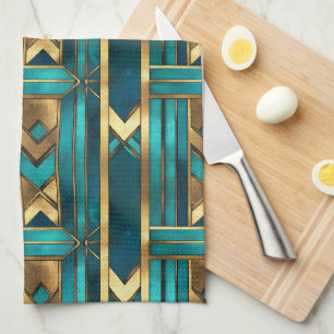Linge De Cuisine Flèches géométriques Art Déco, or et turquoise