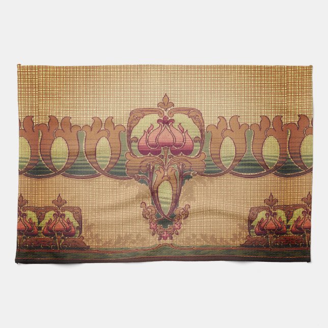 Linge De Cuisine Fleur abstraite Art nouveau bordeaux rouge vert (Horizontal)