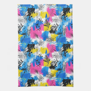 Linge De Cuisine Fleur abstraite audacieuse en bleu, rose et jaune