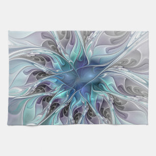 Linge De Cuisine Fleur Abstraite Fractale Moderne Avec Bleu