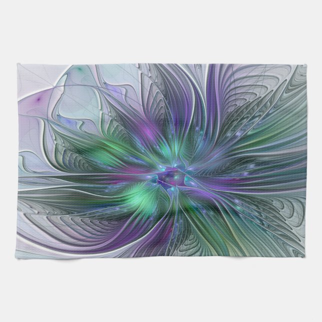 Linge De Cuisine Fleur Abstraite Moderne Art Fractal Vert Violet (Horizontal)