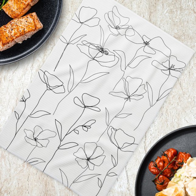 Linge De Cuisine Fleur Abstraite moderne Noir Blanc Minimal Floral (In situ Kitchen Table)