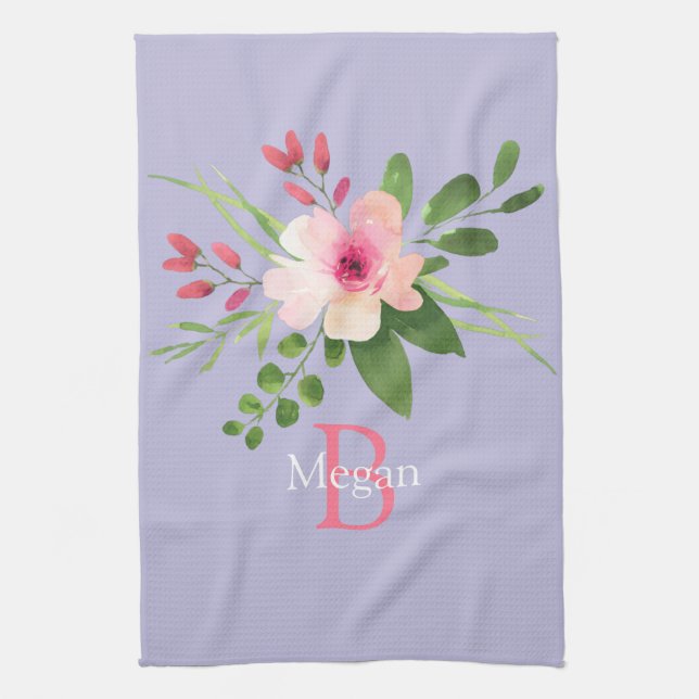 Linge De Cuisine Fleur aquarelle, nom et monogramme sur lavande (Vertical)