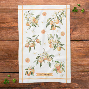 Linge De Cuisine Fleur botanique aquarelle orange monogramme