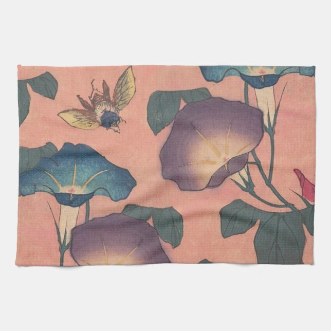 Linge De Cuisine Fleur d'abeille rose Art classique Hokusai (Horizontal)