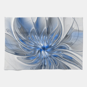 Linge De Cuisine Fleur d'art fractal à l'aquarelle grise et bleue a