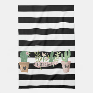Linge De Cuisine Fleur de Cactus Rayures Noires et Blanches