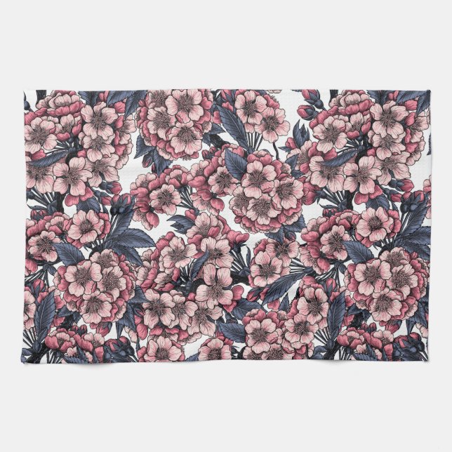Linge De Cuisine Fleur de cerisier rose et bleu (Horizontal)