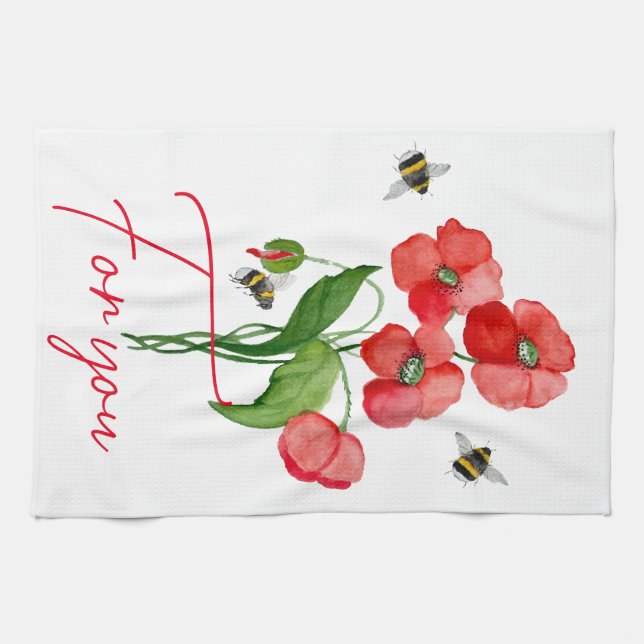 Linge De Cuisine Fleur de coquelicot et bourdons (Horizontal)