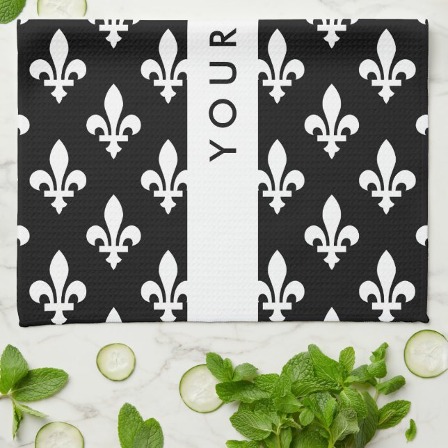 Linge De Cuisine Fleur de Lis, Blanc sur Noir, Blanc, Votre Nom (Plié)