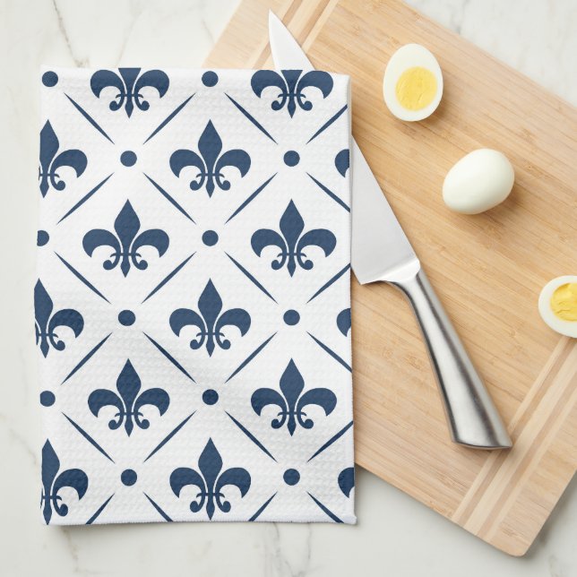 Linge De Cuisine Fleur De Lis bleu foncé motif sur arrière - plan b (Quart Plié)