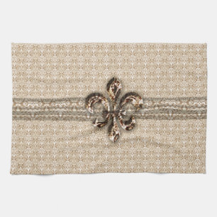 Linge De Cuisine Fleur de Lis d'or avec motif Damas de crème