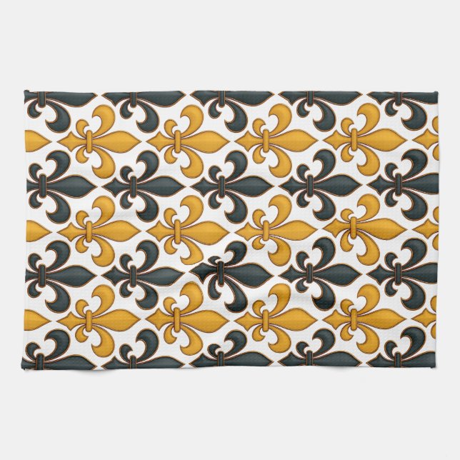 Linge De Cuisine Fleur de lis Motif de couleur noire jaune (Horizontal)