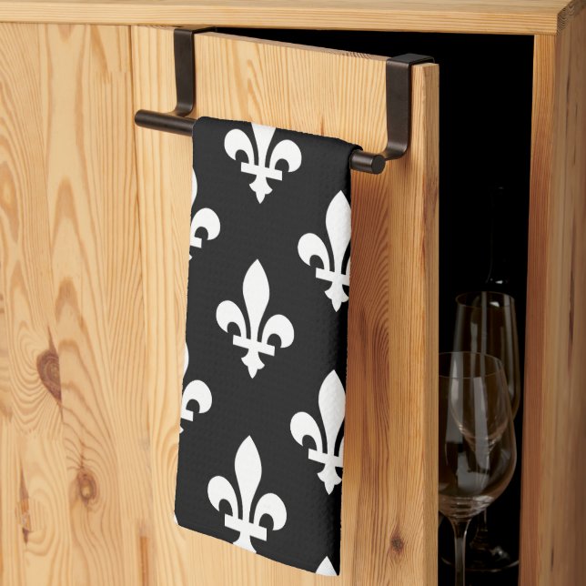 Linge De Cuisine Fleur de Lis Motif, Royal French, Blanc sur Noir (Pliage en tiers)