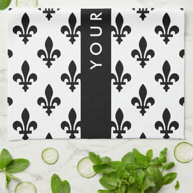 Linge De Cuisine Fleur de Lis, Noir sur Blanc, Noir, Votre Nom (Plié)