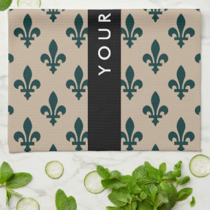 Linge De Cuisine Fleur de Lis, Vert sur Beige, Royal, Votre Nom