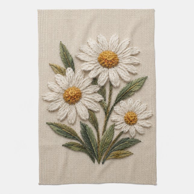 Linge De Cuisine Fleur de Pâquerette Brodée (Vertical)