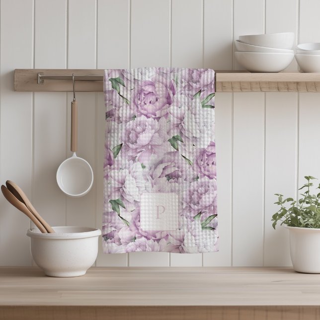 Linge De Cuisine Fleur de pivoine rose monogrammée  (Pink Peonies Kitchen Towel)