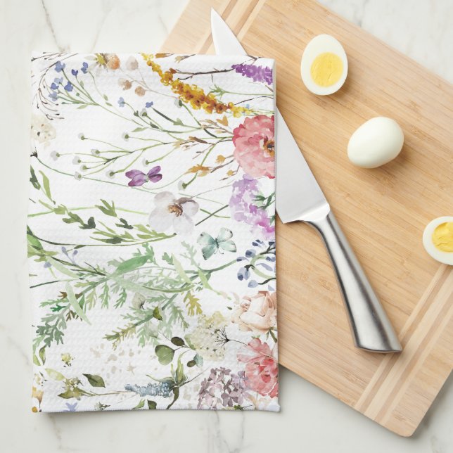 Linge De Cuisine Fleur de printemps à l'aquarelle Boho Wildflower (Quart Plié)