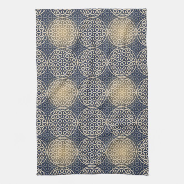 Linge De Cuisine Fleur de vie - motif de timbre - sable bleu (Vertical)