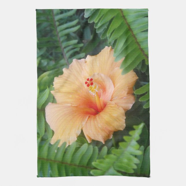 Linge De Cuisine Fleur d'Hibiscus orange avec des fougères (Vertical)