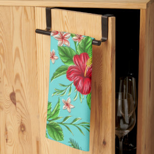 Linge De Cuisine Fleur d'Hibiscus Tropical Corallien Sur Turquoise