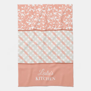 Linge De Cuisine Fleur et carreaux diagonaux gris blanc pêche