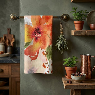 Linge De Cuisine Fleur floral automnal aquarelle orange