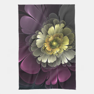 Linge De Cuisine Fleur fractale grise et pourpre moderne abstraite