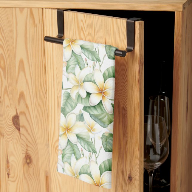 Linge De Cuisine Fleur Frangipani Blanc Tropical (Pliage en tiers)